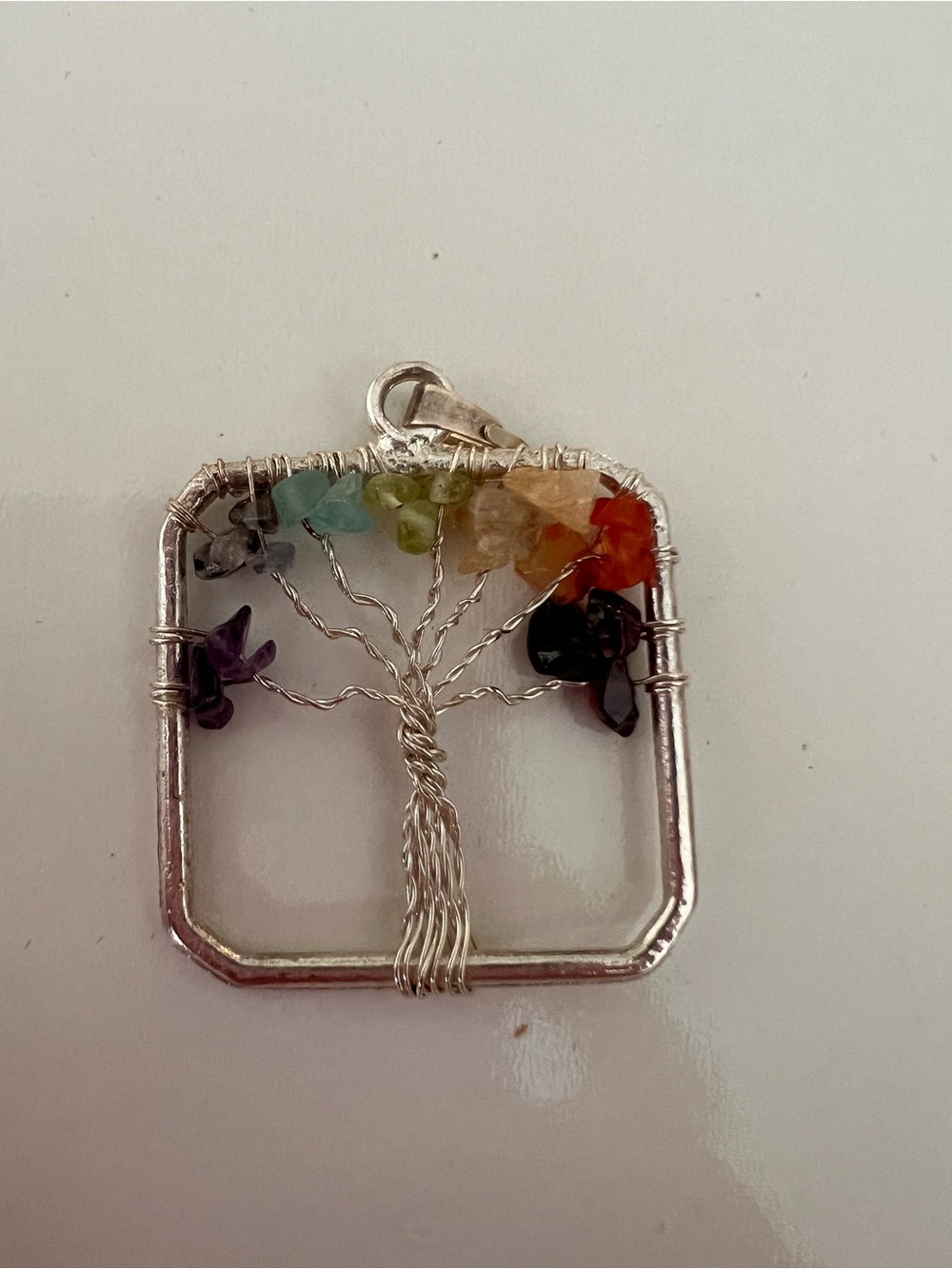 Silver Tree of Life Chakra Pendant with Multicolor Gemstone Chips